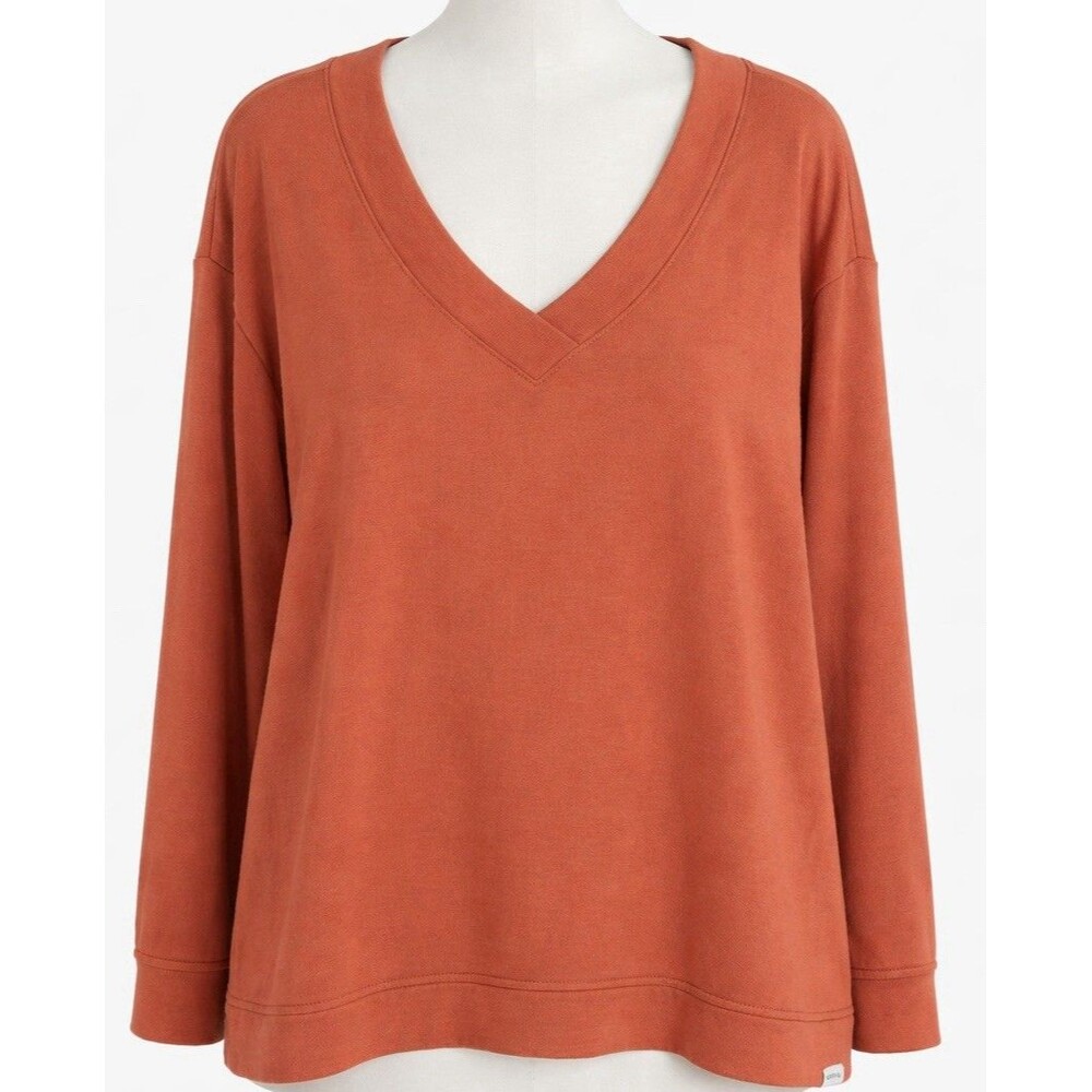 Orvis Women’s XL V-Neck Long Sleeve Knit Top Rust Orange Modal Blend